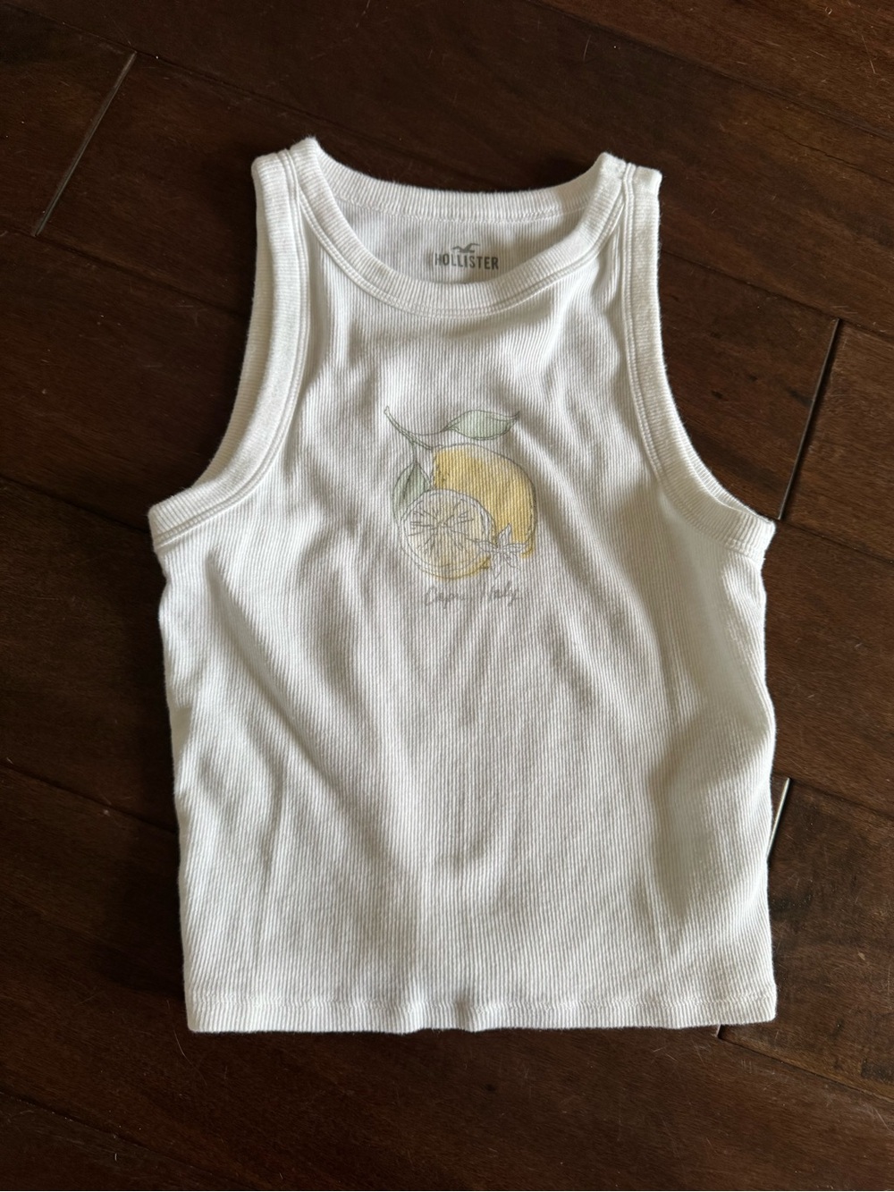 Hollister White Ribbed Lemon Graphic Crop Tank